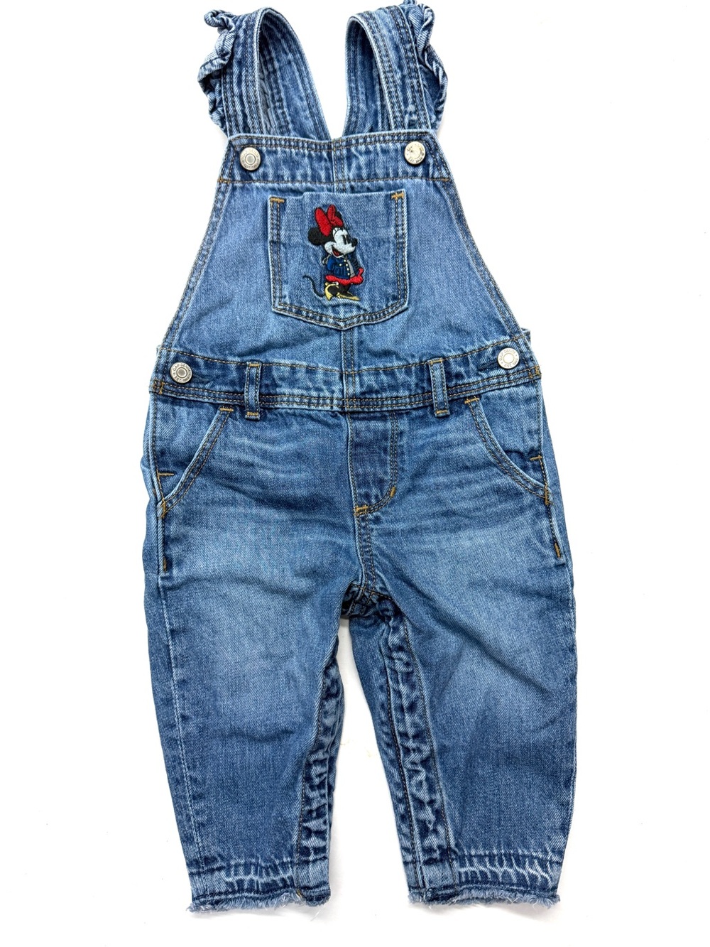 Baby GAP Kids x Disney Denim Overalls Minnie Mouse Patch Blue Ruffle
